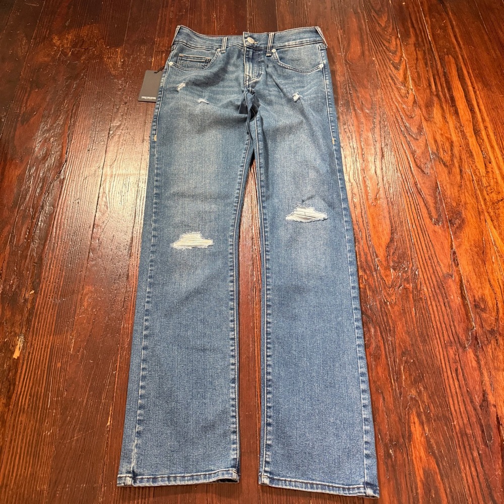 True Religion Ricky Relaxed Straight Jeans Men 29x34 Blue Rip Repair NWT